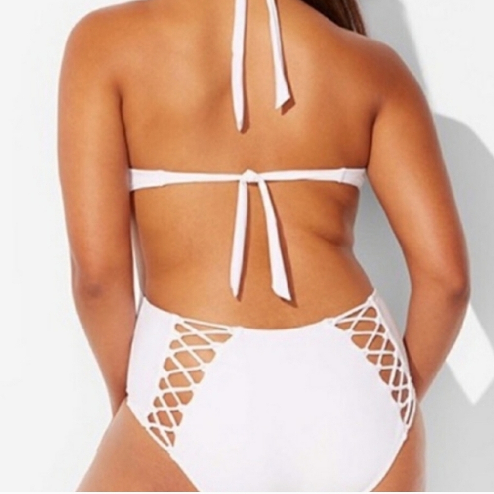 Ashley Graham White One Piece Swimsuit Lace Up With Cutouts Monokini Size 18 NWT - Picture 6 of 17